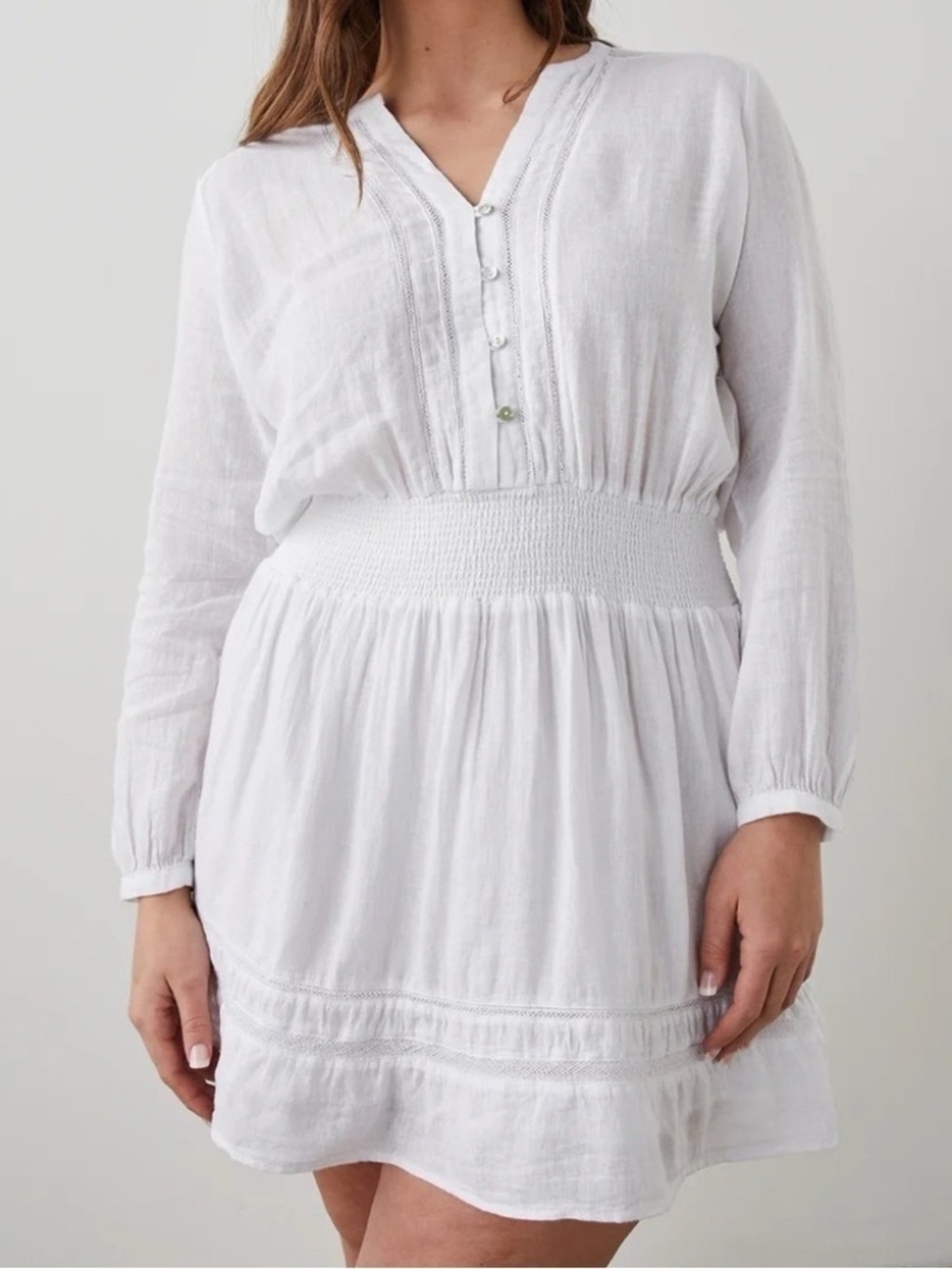 Rails Jasmine Dress White Lace Detail Long Sleeves Button Front Linen Size XS